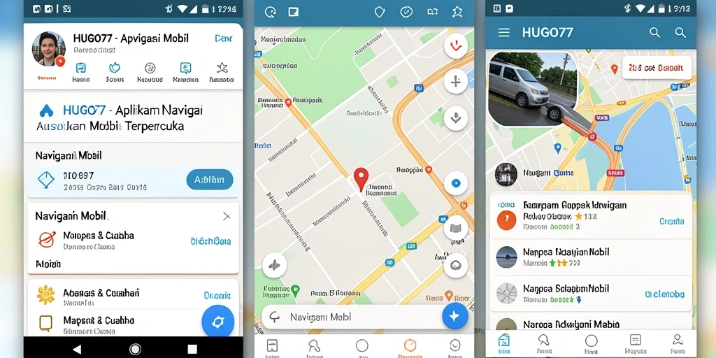 Tampilan antarmuka aplikasi HUGO77 untuk navigasi mobil yang intuitif.